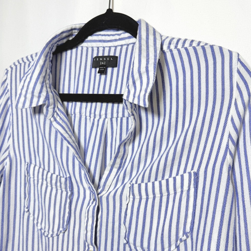 Tinsel Blue White Striped Button Down Blouse XL Viscose Roll Tab Sleeve Top